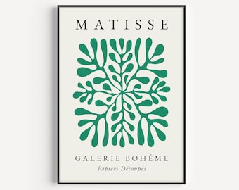 Könnte beinhalten: Ein schwarzer gerahmter Poster mit weißem Hintergrund und einem grünen abstrakten Design. Der Poster lautet "MATISSE GALERIE BOHEME Papiers Decoupes".