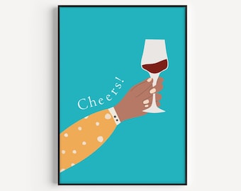 Wine Print, Kitchen Print, Drinking Print, Kitchen Wall Art, Wall Art Print, Blue Print, Cheers Wine, Wine Gift, Gift For Friend, Kitchen