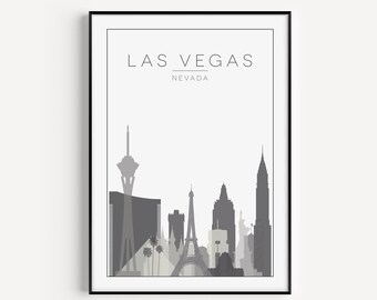 Könnte beinhalten: Eine Schwarzweißillustration der Skyline von Las Vegas mit dem ikonischen Stratosphere Tower, der Nachbildung des Eiffelturms und anderen Gebäuden. Der Text "LAS VEGAS" und "NEVADA" ist oben im Bild in Grau gedruckt.