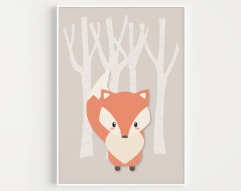 Arte imprimible para guardería, arte mural imprimible, arte mural para guardería, impresión de zorro, impresión minimalista para guardería, guardería con temática de bosque, guardería escandinava