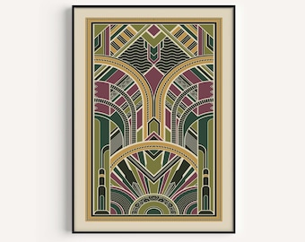 Art Deco Printable, Green Yellow Print, Art Deco Print, Geometric Print, Art Deco, Poster, Wall Art Print, Pink Art Print, Green Art Deco