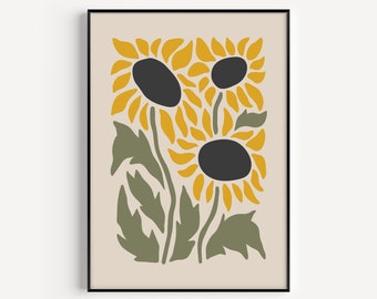 Sunflower Print, Yellow Flower Print, Sunflower Wall Art, Green Yellow Print, Wall Art, Flower Print, Mid Century Print, Instant Download