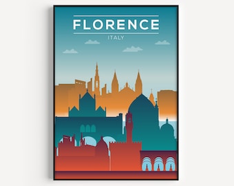 May include: A colorful illustration of the Florence skyline, featuring iconic buildings like the Duomo and Ponte Vecchio. The text "FLORENCE ITALY" is displayed at the top of the image.
