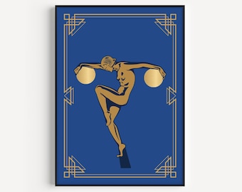 Art Deco Print, Blue Print, Printable Art, Art Deco Poster, Blue Gold Print, Art Deco, Blue, Wall Art Print, Woman Print, Art Deco Woman