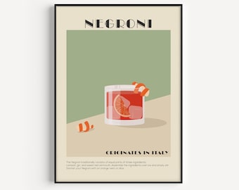 Negroni Print, Küche Print, Trinkdruck, Cocktail Wandkunst, Geschenk für Freund, Küche Poster, Alkohol Print, Negroni, Cocktail Geschenk,