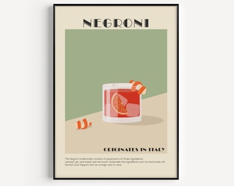 Negroni Print, Küche Print, Trinkdruck, Cocktail Wandkunst, Geschenk für Freund, Küche Poster, Alkohol Print, Negroni, Cocktail Geschenk,