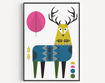 Printable, Wall Art, Stag Print, Folk Wall Art, Scandinavian Print, Prints, Art Print, Minimalist Print, Instant Download, Digital Print