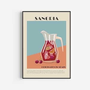 May include: A framed art print featuring a Sangria illustration. The image shows a pitcher filled with red liquid, fruit slices, and ice cubes. The word "SANGRIA" is at the top, with "ORIGINATES IN SPAIN" below. Cherries are in the foreground.