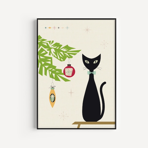 Imprimible de Navidad, Medio Siglo Moderno, Impresión de Gato, Imprimible de Navidad, Impresión de Mediados de Siglo, Navidad, Descarga Instantánea, Gato de Medio Siglo