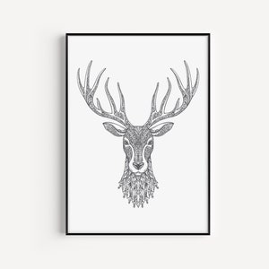 May include: A black and white line drawing of a deer's head with intricate patterns in the antlers and fur.