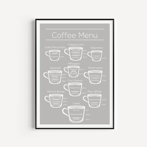 Impressão de café, Impressão de café, Menu de café, Cinza, Arte de parede para impressão, Impressão de menu de café, Arte de parede cinza, Impressão de cozinha, Arte de parede de cozinha