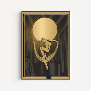 May include: A gold silhouette of a woman dancing against a black background with a gold moon and city skyline.