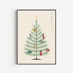 May include: A vintage-style Christmas tree illustration with a green tree, a yellow star on top, and colorful ornaments. The background is a light beige color with a row of stars in the upper right corner.