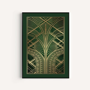 Puede incluir: Una impresión de arte digital con un diseño geométrico en dorado sobre un fondo verde oscuro. El diseño recuerda al estilo Art Deco.