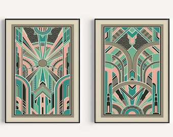 Art Deco Print Set, Pink Green, Colourful Art Deco, Set of Prints, Wall Art, Printable Art, Geometric Prints, Art Prints, Art Deco Printable