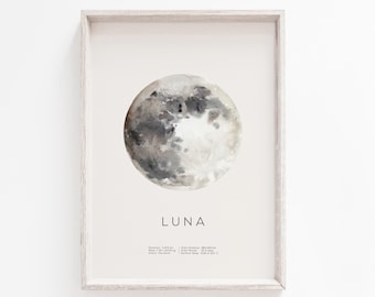 以下が含まれることがあります： 白い背景に黒い文字で「LUNA」と月の詳細が書かれた、月の水彩画の額装プリントです。