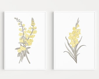 Flower Print Set, Wall Art, Printable Art, Flower Prints, Printable, Yellow Wall Art, Grey Prints, Yellow, Art Prints, Flower Printable