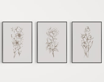 Set of Prints, Flower Prints, Botanical Wall Art, Botanical Printable, Grey Prints, Botanical Print, Printable, Wall Art Print, Download