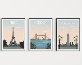 Wall Art, Set of Prints, Travel Art Prints, Print Set, New York Poster, Travel Poster Set, London Print, Travel Print, New York Printable