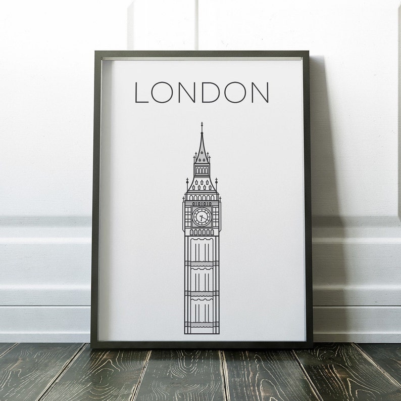 May include: Black and white line art print of Big Ben, a famous landmark in London, England. The print is framed in a black frame and has the word "LONDON" printed at the top.