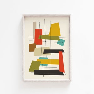 May include: Abstract geometric art print with a white background and a variety of coloured shapes, including red, yellow, green, brown, and black.