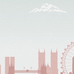 May include: A minimalist illustration of a cityscape featuring iconic landmarks. The image showcases a Ferris wheel, a bridge, and architectural elements in muted pink and green tones against a light blue sky with a cloud.