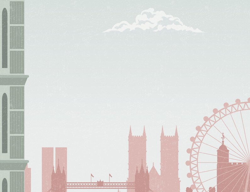 May include: A minimalist illustration of a cityscape featuring iconic landmarks. The image showcases a Ferris wheel, a bridge, and architectural elements in muted pink and green tones against a light blue sky with a cloud.