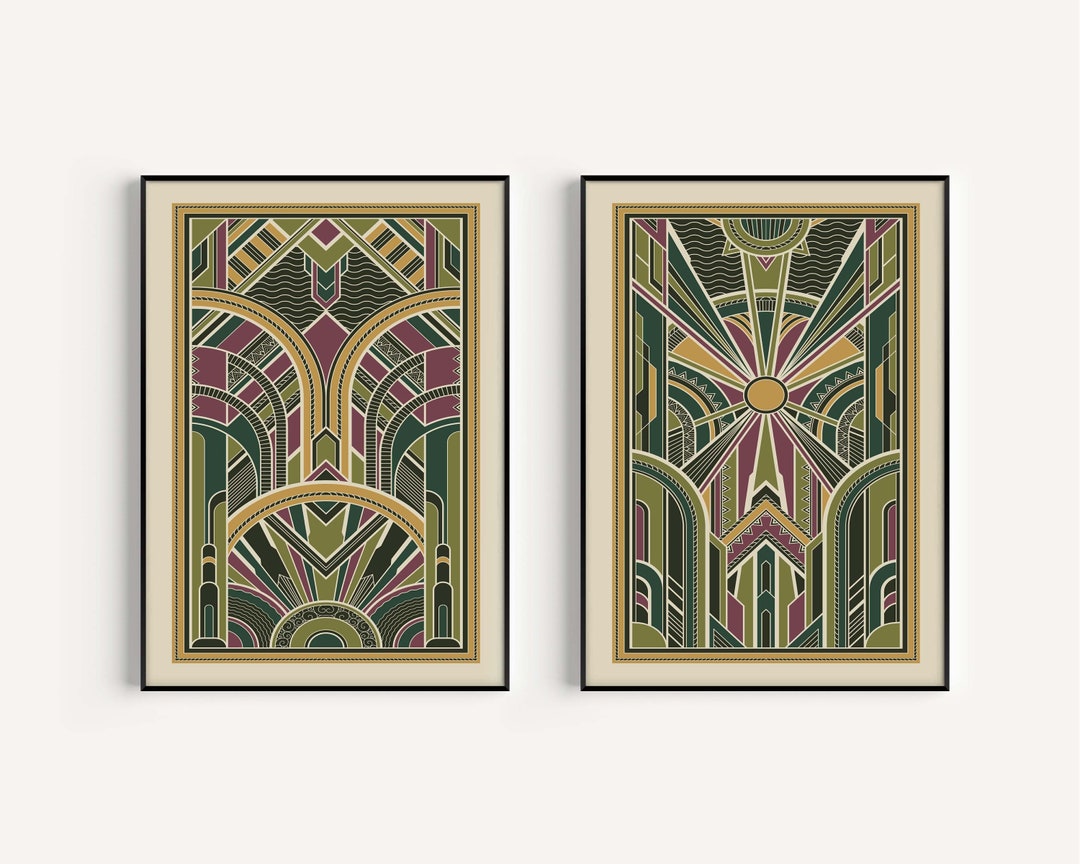 Art Deco Print Set, Yellow Green Prints, Art Deco, Set of Prints, Wall ...