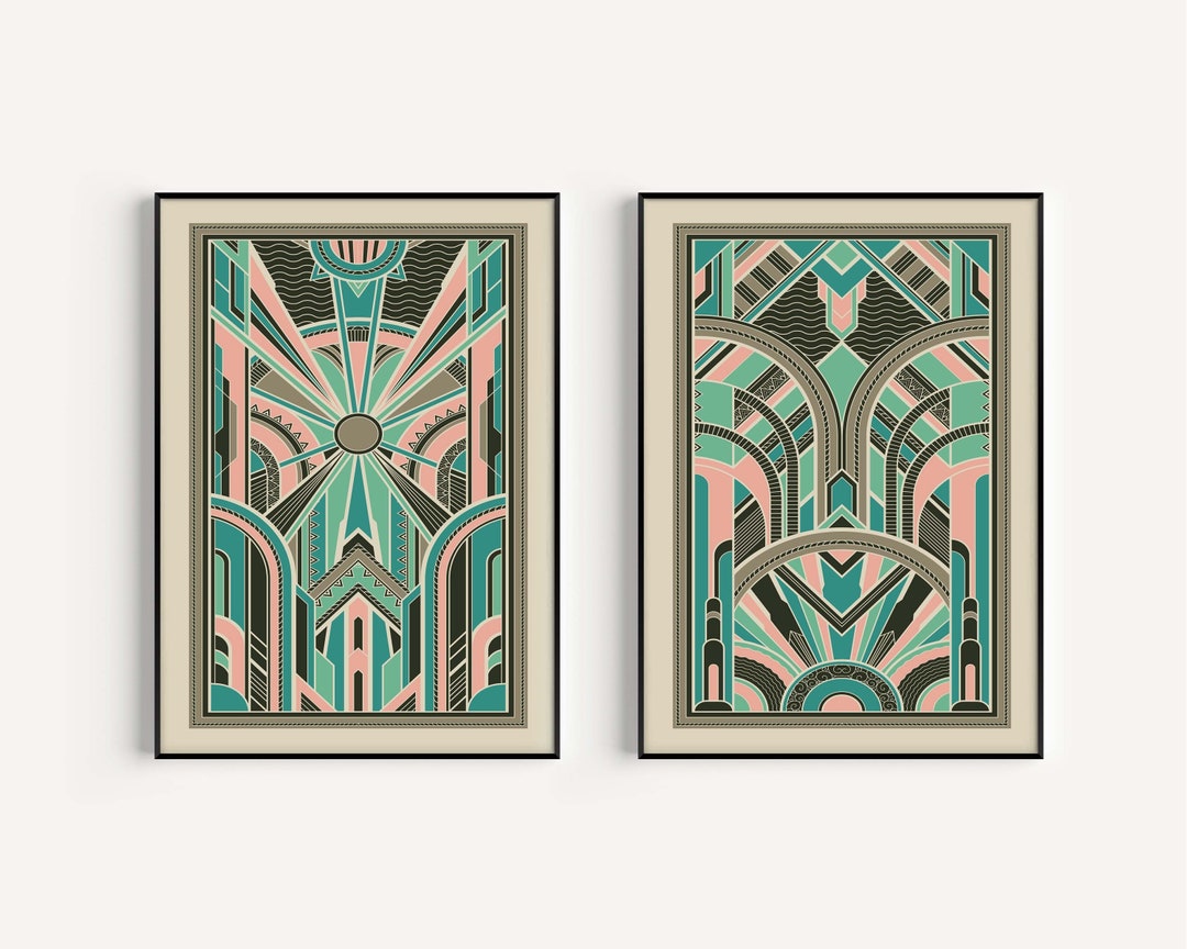 Art Deco Print Set Pink Green Colourful Art Deco Set of Etsy