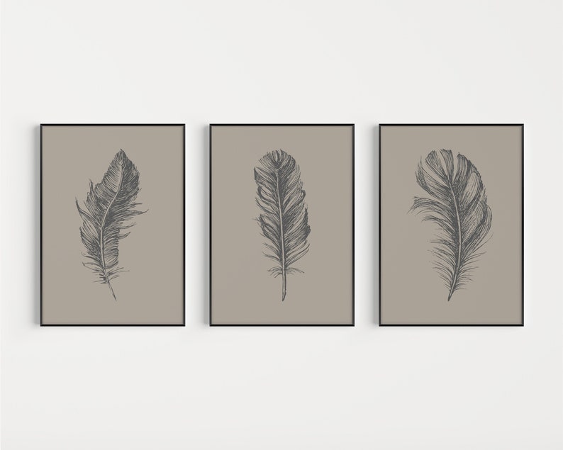 May include: Three framed prints with black frames and a beige background. Each print features a black and white line drawing of a feather.