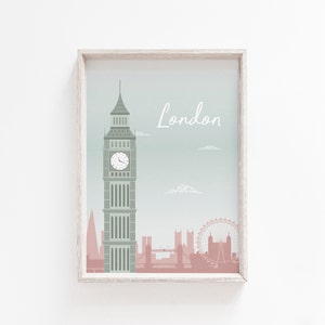 May include: Framed art print featuring a stylized illustration of London landmarks. The image includes Big Ben, the London Eye, and other buildings in shades of green and pink against a light blue background. The word "London" is written in white.