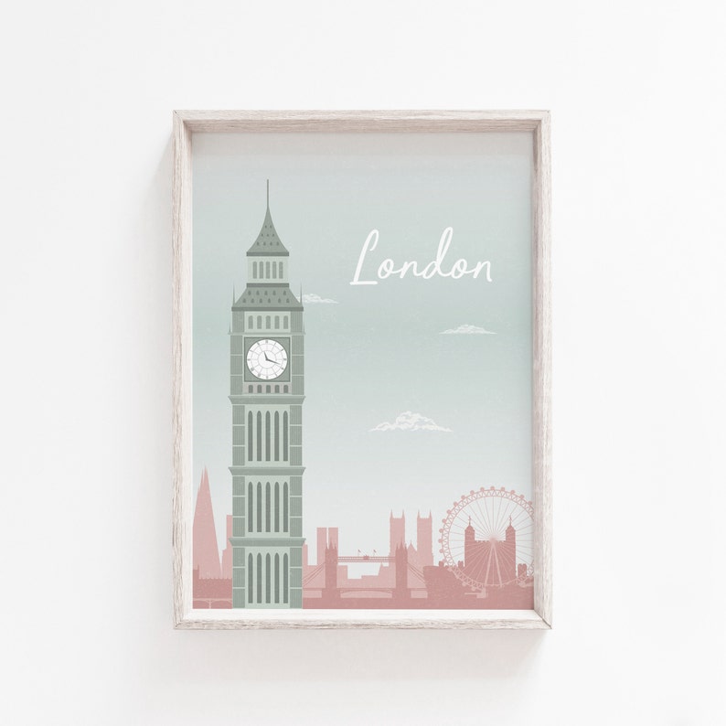 May include: Framed art print featuring a stylized illustration of London landmarks. The image includes Big Ben, the London Eye, and other buildings in shades of green and pink against a light blue background. The word "London" is written in white.