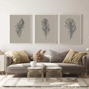 May include: Three framed prints of black and white feather illustrations on a beige background. The prints are hanging on a white wall above a gray sofa with brown throw pillows.