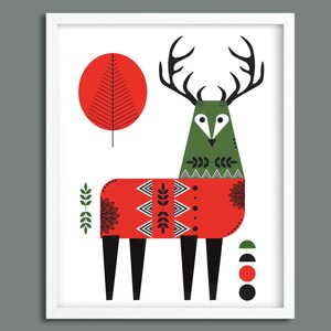 May include: A stylized illustration of a deer wearing a red sweater with geometric patterns. The deer has large antlers and a green body. The background is white with a red circle and a small green tree.