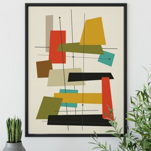 May include: Abstract geometric art print with a black frame. The print features a variety of shapes and colours, including red, yellow, green, blue, and brown.