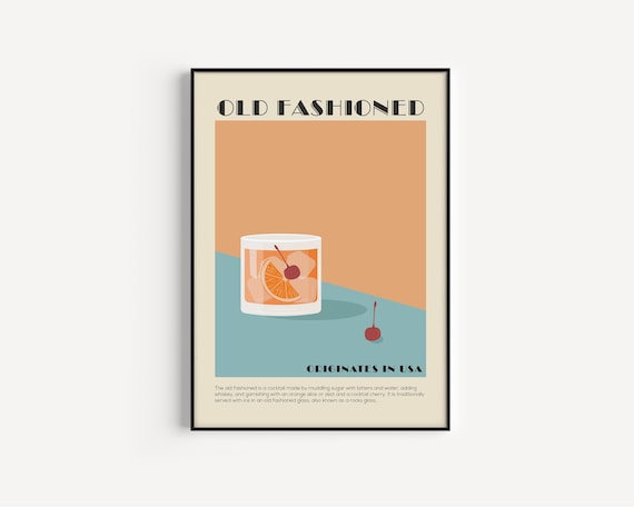Old Fashioned Print, Cocktail Printable, Old Fashioned Cocktail, Wall Art Print, Kitchen Print, Whiskey Gift, Printable, Fathers Day Gift