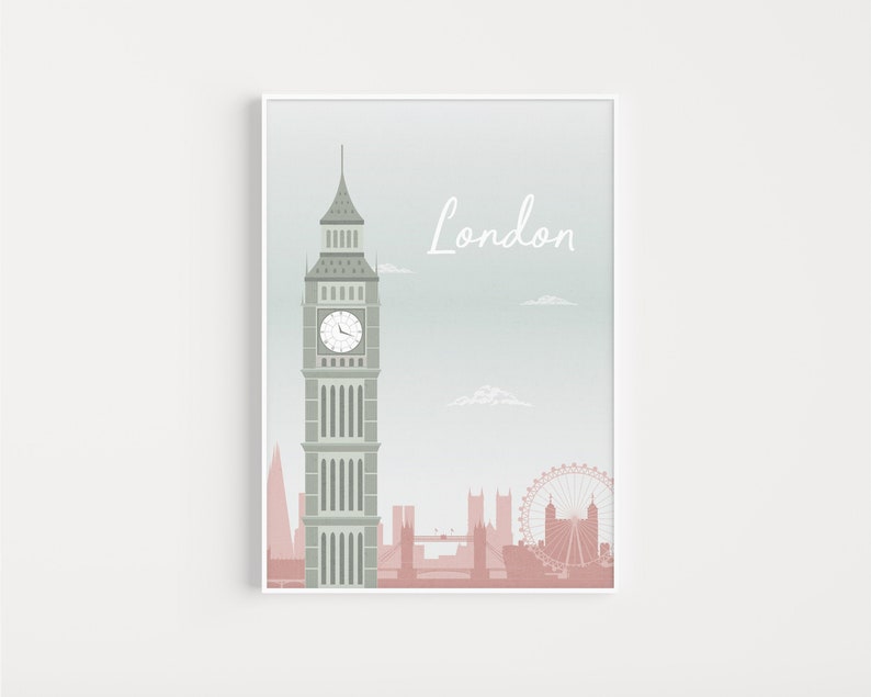 May include: A framed print featuring a stylized London skyline. The artwork includes Big Ben, the London Eye, and other landmarks in shades of gray and pink against a pale green background. The word "London" is written in cursive.