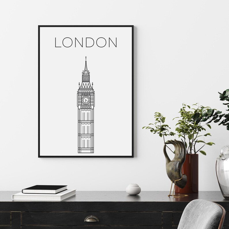 May include: Black and white line art print of Big Ben with the word "LONDON" above it.