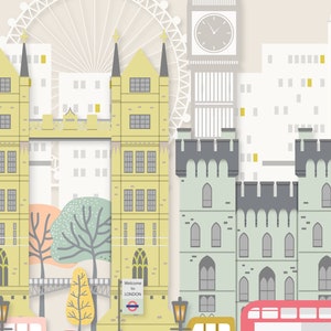 May include: A colorful illustration of London landmarks, including Big Ben, the London Eye, and Tower Bridge. The illustration features a yellow, gray, and green color scheme and includes the text "Welcome to London".