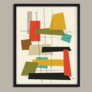 May include: Abstract mid-century modern art print featuring geometric shapes in shades of red, yellow, green, brown, and blue on a cream background.