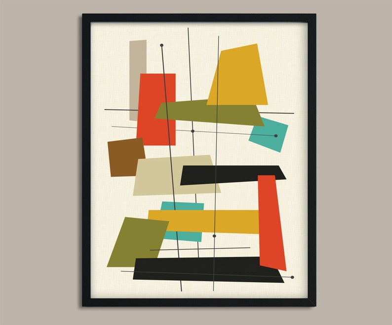 May include: Abstract mid-century modern art print featuring geometric shapes in shades of red, yellow, green, brown, and blue on a cream background.