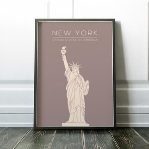 May include: A printable poster with a minimalist line drawing of the Statue of Liberty on a light purple background. The text "NEW YORK" and "UNITED STATES OF AMERICA" is printed in white at the top of the poster.