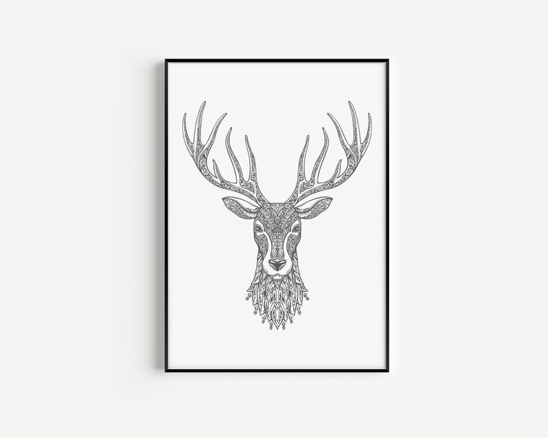 May include: A black and white line drawing of a deer's head with intricate patterns in the antlers and fur.