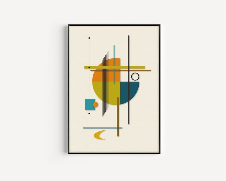 Puede incluir: Impresi&oacute;n de arte geom&eacute;trico abstracto con un esquema de color amarillo, naranja, azul verdoso y marr&oacute;n. La impresi&oacute;n presenta un c&iacute;rculo, una luna creciente y un cuadrado.