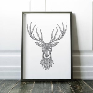 May include: Black and white line art print of a deer's head with intricate patterns in the antlers and fur. The print is framed in a black frame.