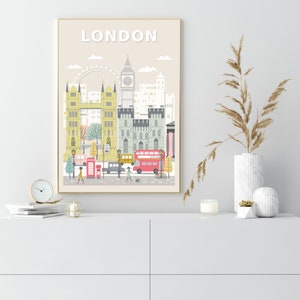 May include: A colorful illustration of the London skyline, featuring iconic landmarks like Big Ben, the London Eye, and red double-decker buses. The title "LONDON" is displayed at the top of the image.