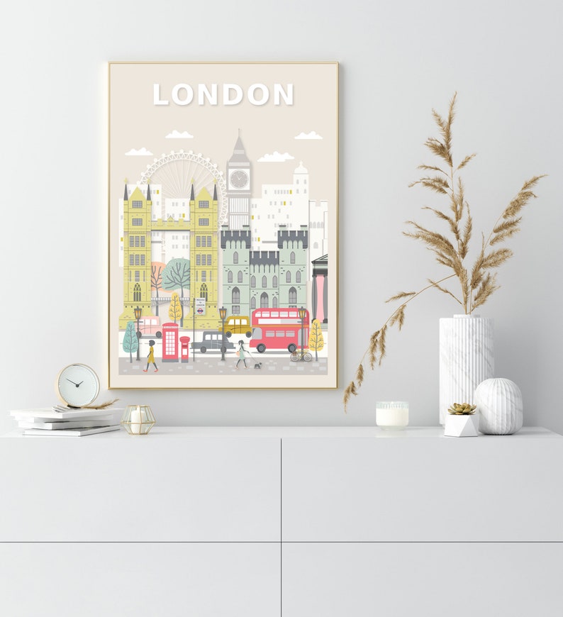 May include: A colorful illustration of the London skyline, featuring iconic landmarks like Big Ben, the London Eye, and red double-decker buses. The title "LONDON" is displayed at the top of the image.