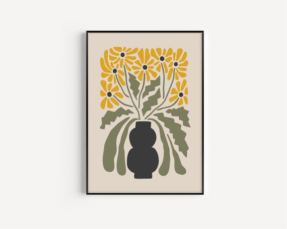 Yellow Print, Flower Print, Mid Century Modern, Wall Art, Yellow Printable, Art Print, Minimalist Print, Yellow Flower Art, Green Yellow