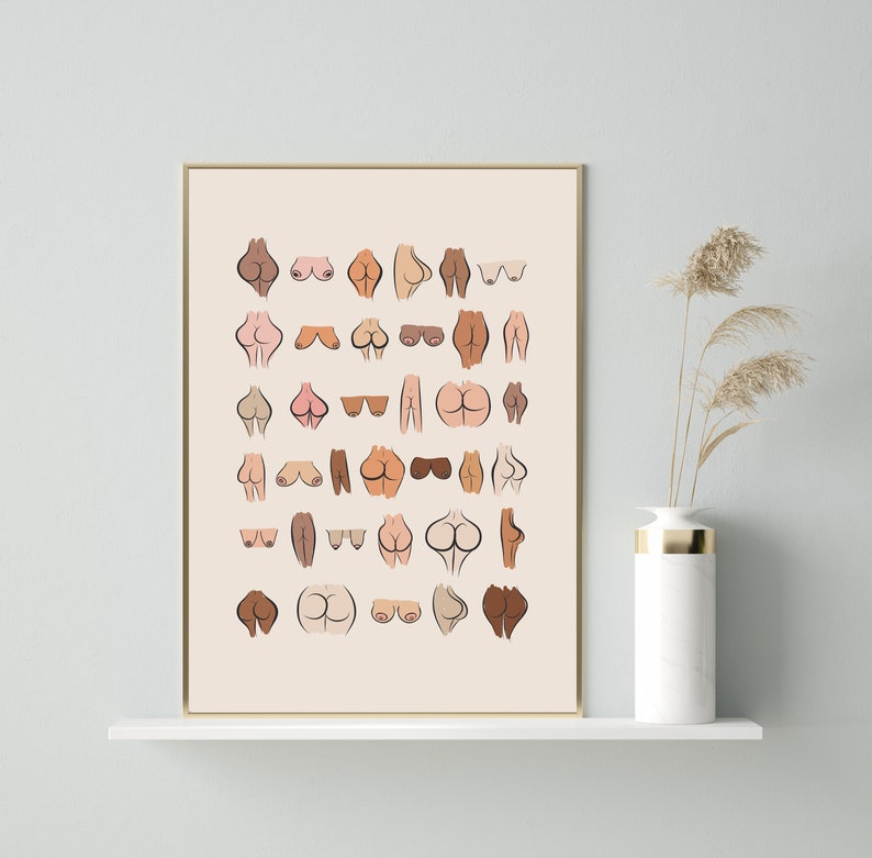 K&ouml;nnte beinhalten: Ein beiger Poster mit einem Raster aus 36 Illustrationen von verschiedenen farbigen menschlichen K&ouml;rperformen. Die Formen sind alle nach vorne gerichtet und in verschiedenen Posen.
