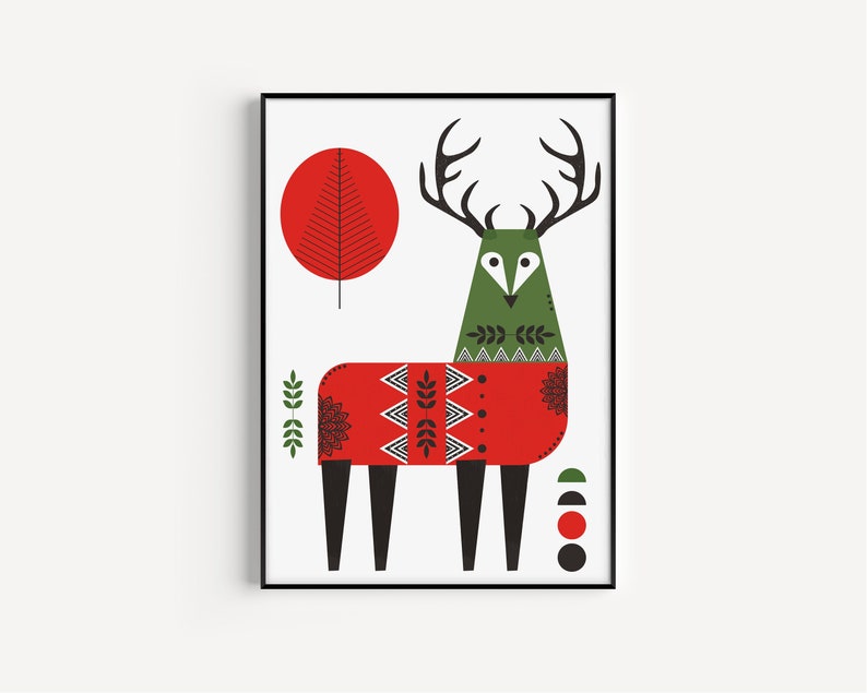 May include: A stylized illustration of a deer wearing a red sweater with black and white geometric patterns. The deer has green antlers and a green body with black eyes. The background is white with a red circle and a green tree.